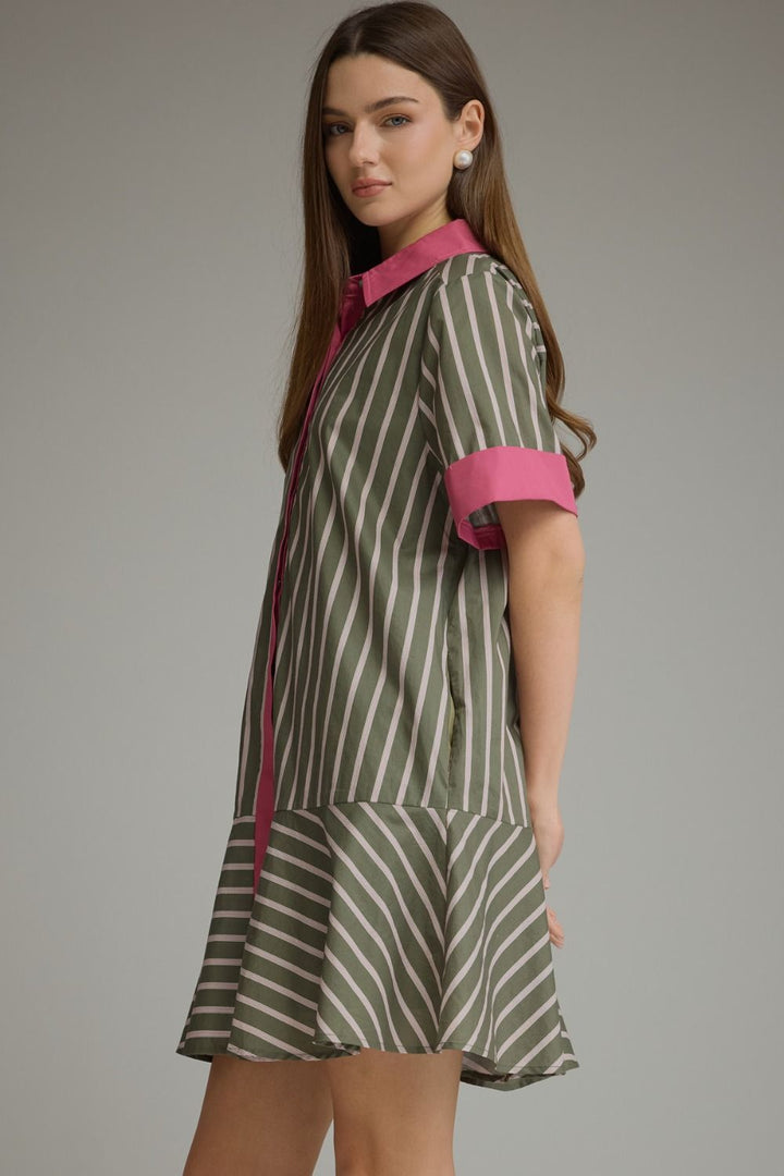 Entro army green and pink striped button front dress with a tiered hem