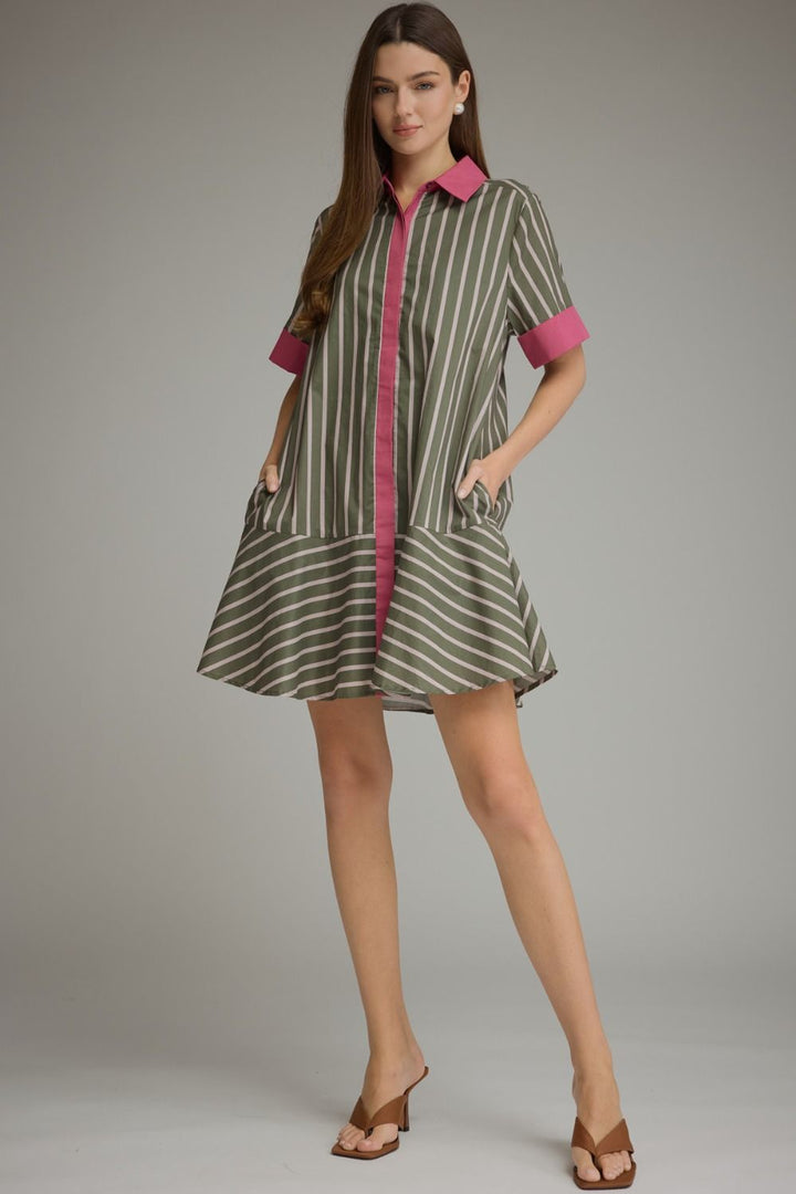 Entro army green and pink striped button front dress with pink trim