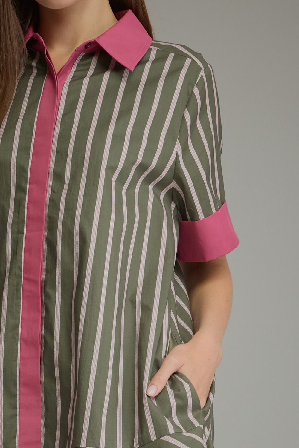 Entro army green and pink striped button front dress with short sleeves