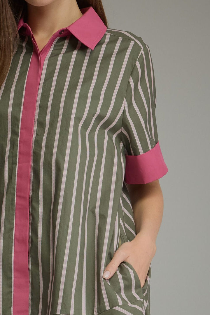 Entro army green and pink striped button front dress with short sleeves