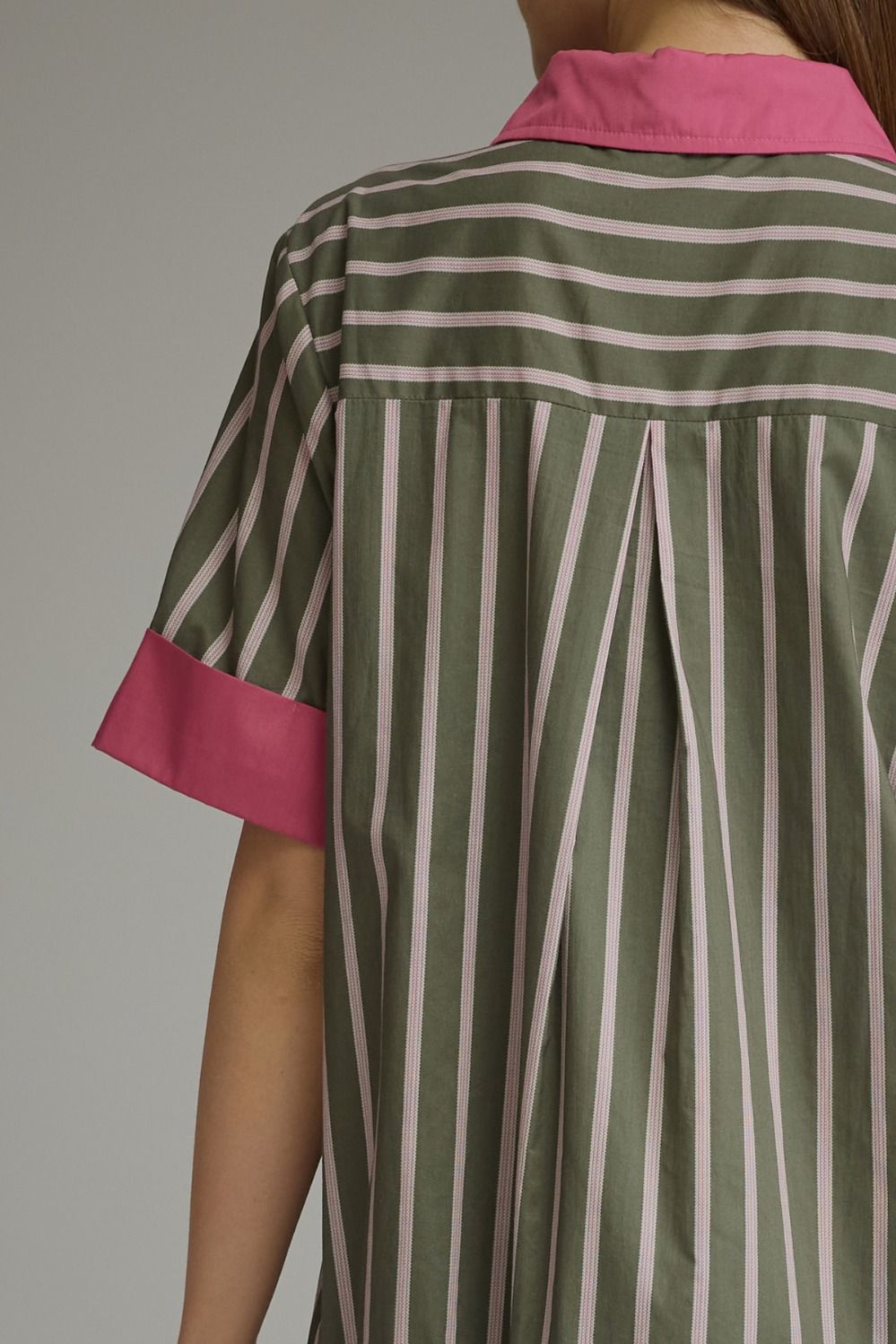 Entro army green and pink striped button front dress with a tiered detail in back
