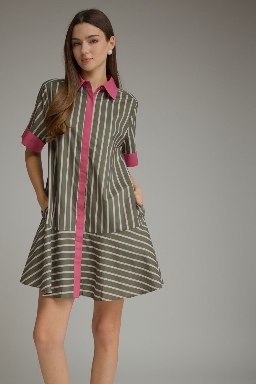 Entro army green and pink striped button front dress