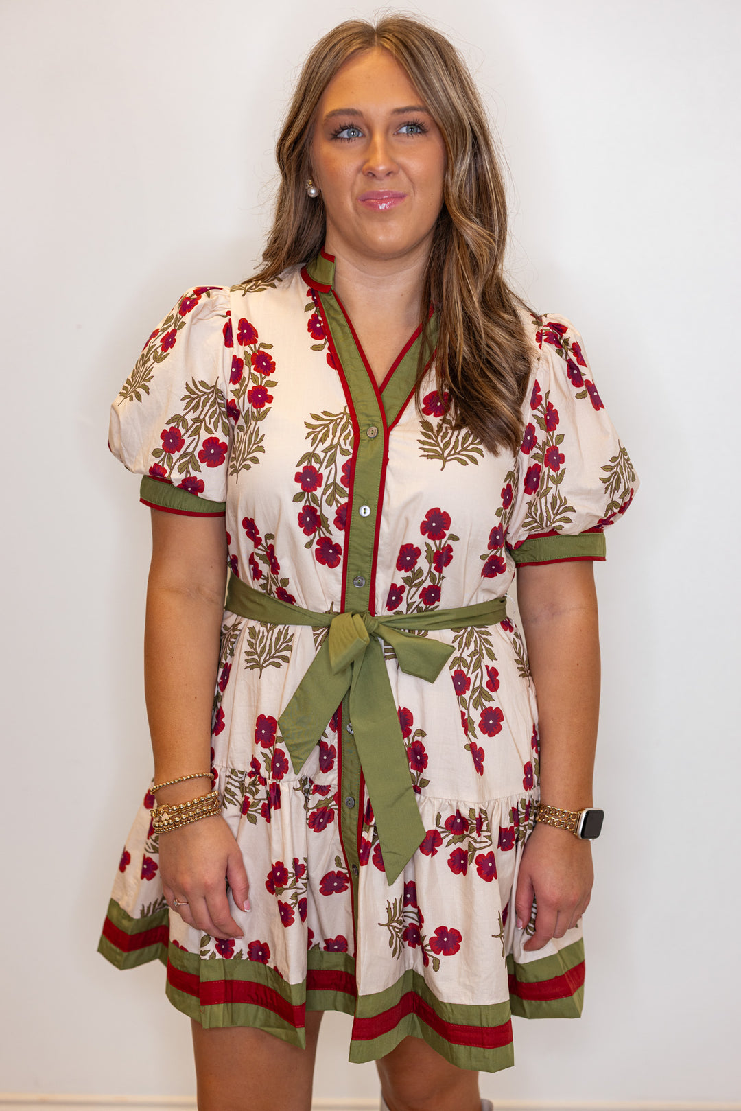 Women's ecru, burgundy and olive floral button down dress with a belted waist by Entro showing up close front view