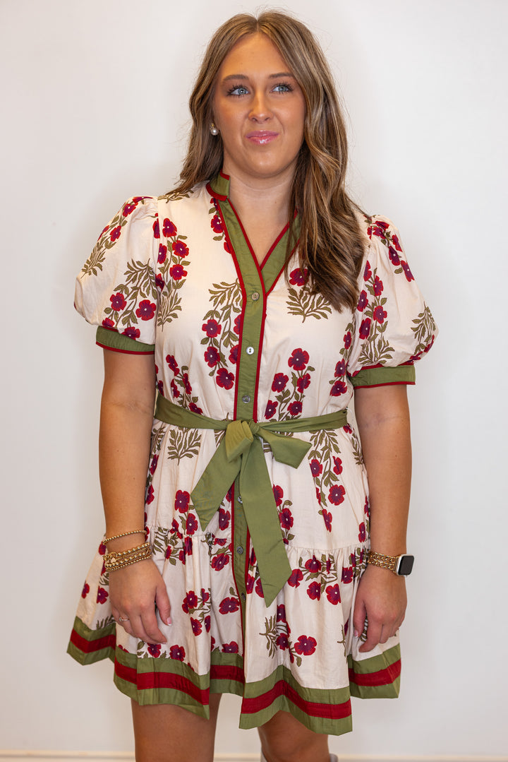 Women's ecru, burgundy and olive floral button down dress with a belted waist by Entro showing up close front view