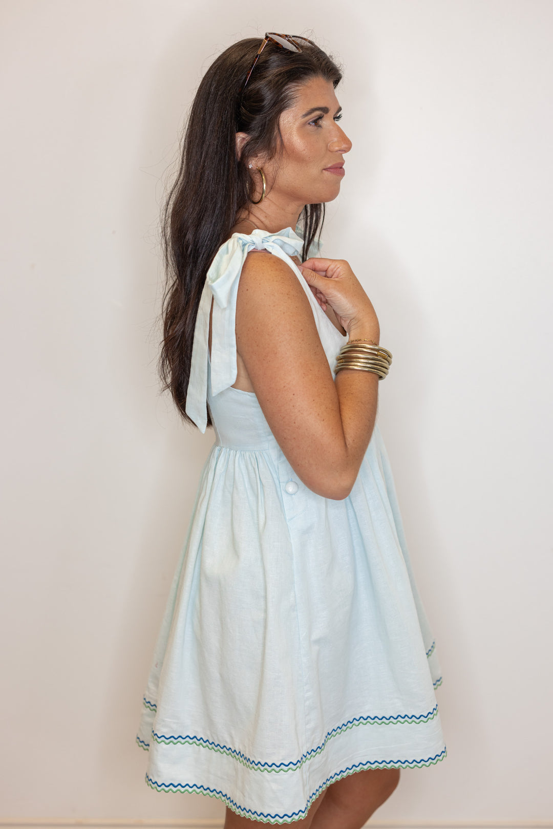 aqua cotton linen babydoll dress with scalloped embroidered hem