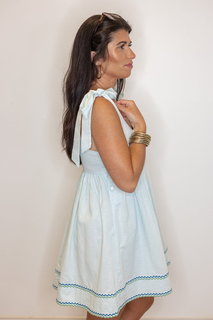 aqua cotton linen babydoll dress with scalloped embroidered hem