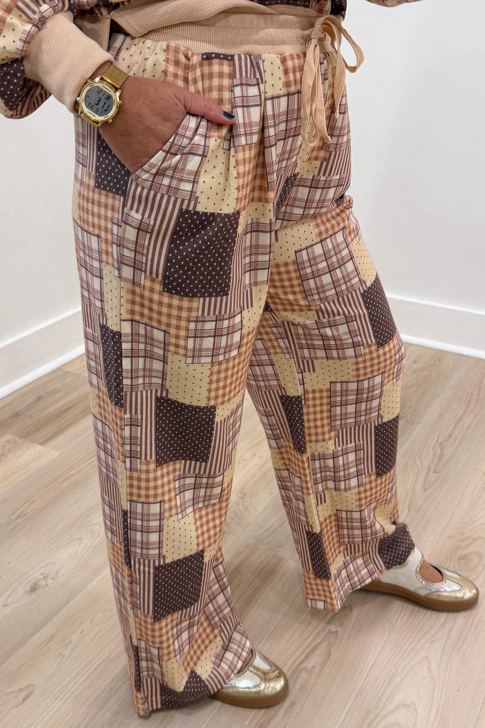 beige brown and multicolored patchwork print top and front pocket pants french terry knit matching set
