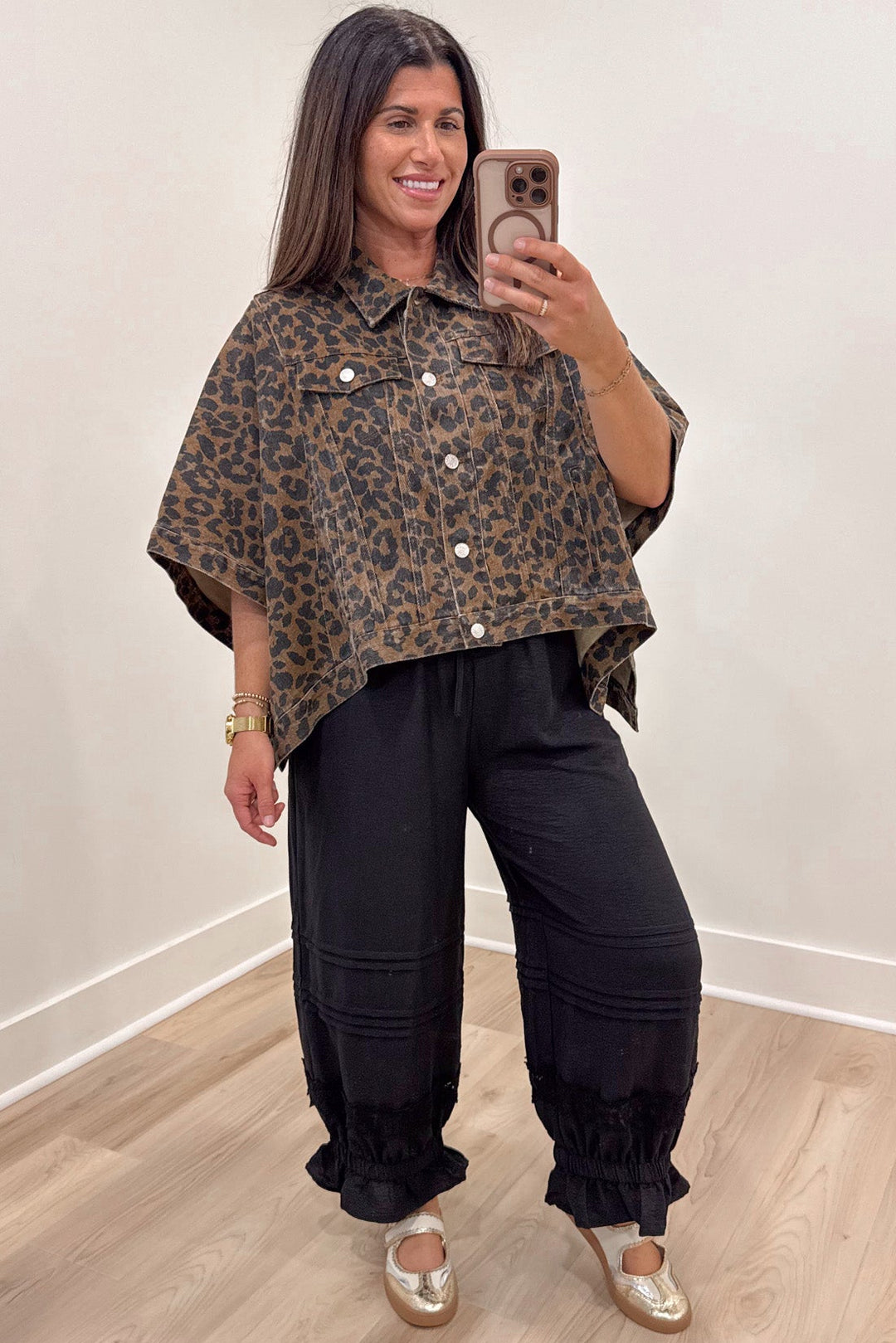 brown and black leopard print snap button front denim poncho style jacket top with front chest pockets