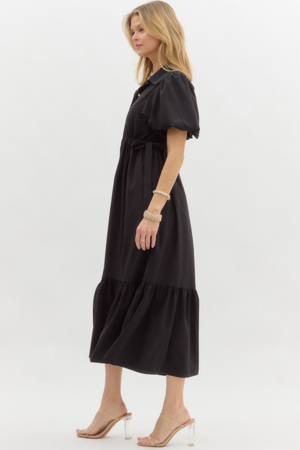 Entro Black button front midi dress with cinch waistline