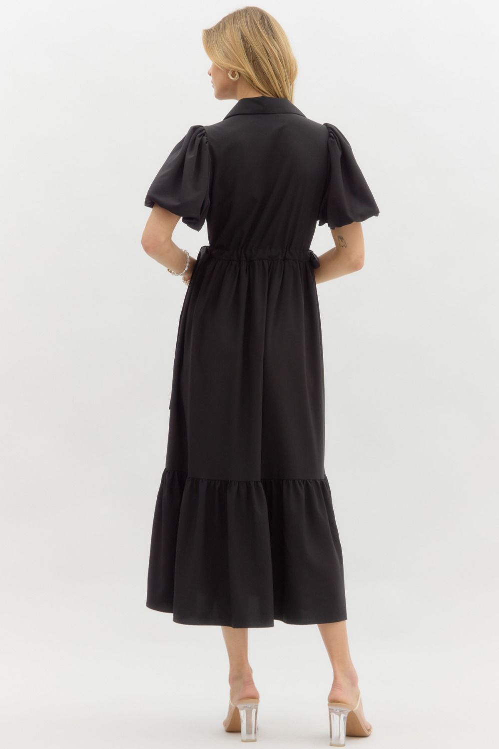 Entro Black button front midi dress with cinch waistline