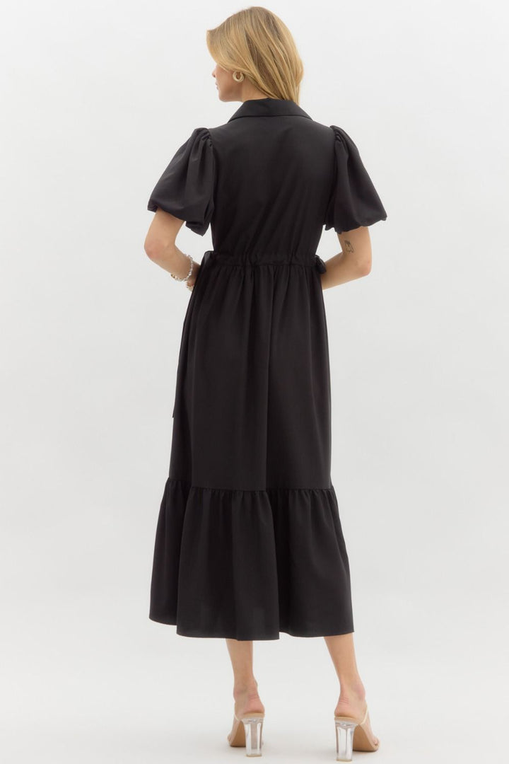 Entro Black button front midi dress with cinch waistline