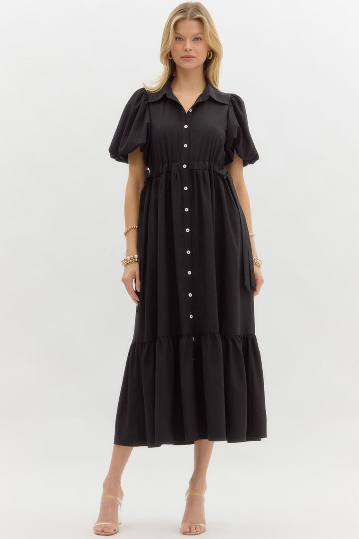 Entro Black button front midi dress with cinch waistline