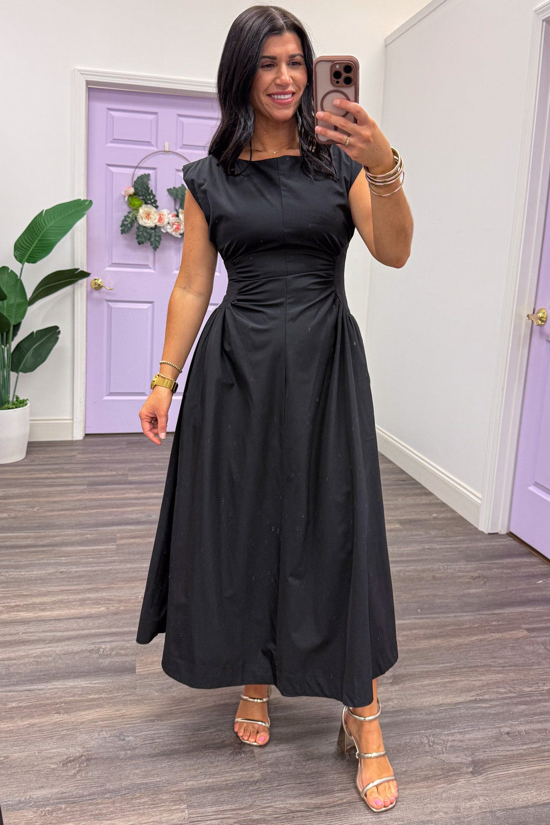 black ruched side panel cinch waist detail sleeveless midi dress