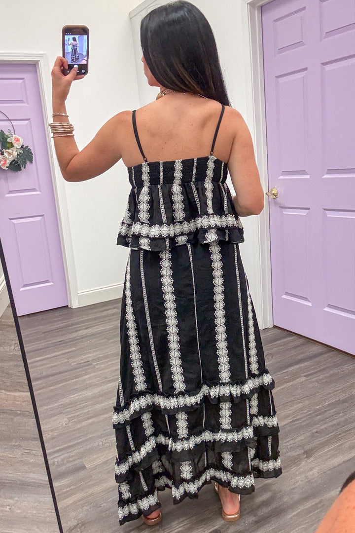 black with cream embroidered striped details sleeveless spaghetti strap peplum top