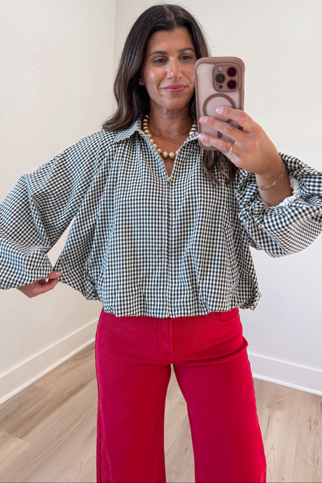 black and cream gingham checkered print semi-cropped relaxed silhouette lightweight jacket