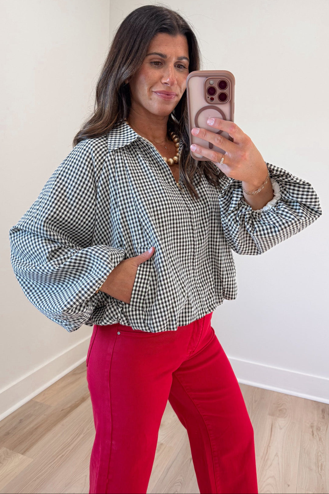 black and cream gingham checkered print semi-cropped lightweight jacket with front pockets