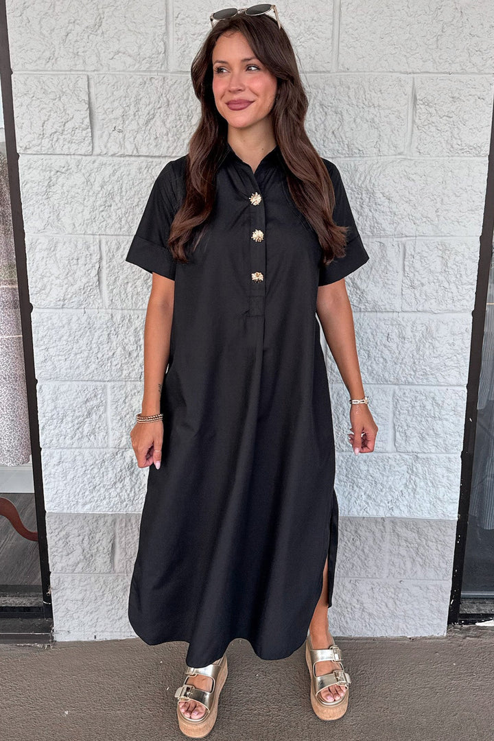 solid black with gold decorative snap bodice short sleeve midi dress