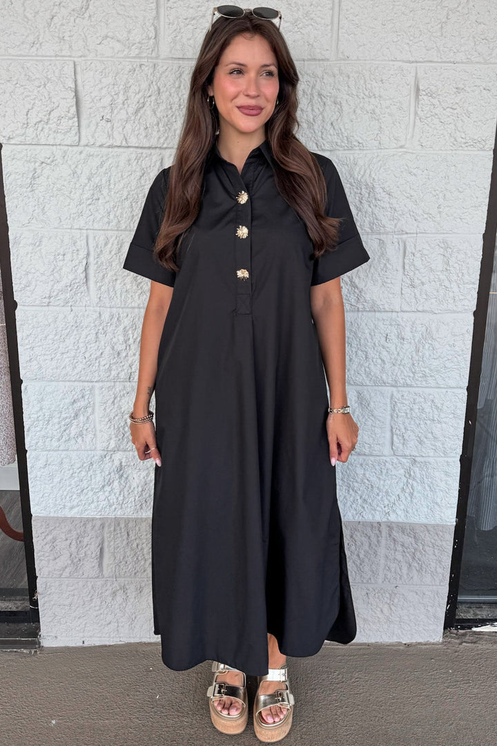 solid black with gold decorative bodice buttons short sleeve midi dress