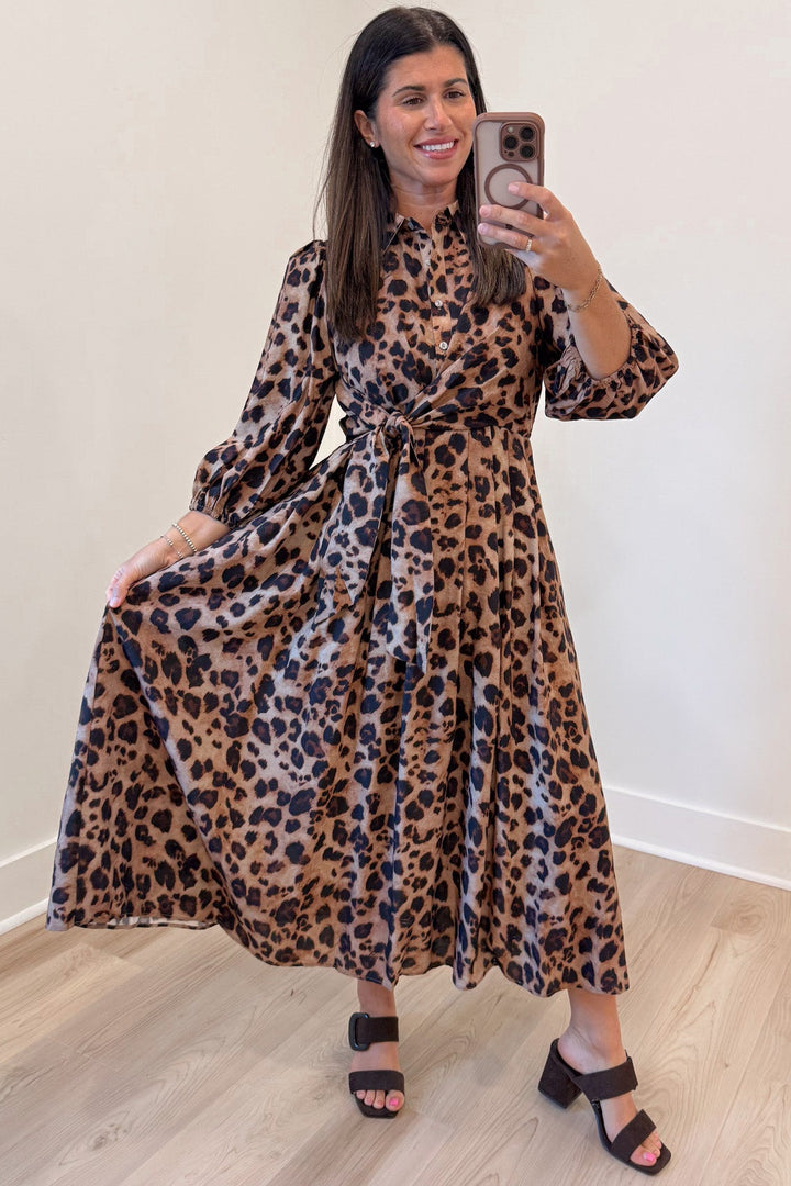 brown and black leopard print button front bodice wrap tie waist midi dress with pleated skirt