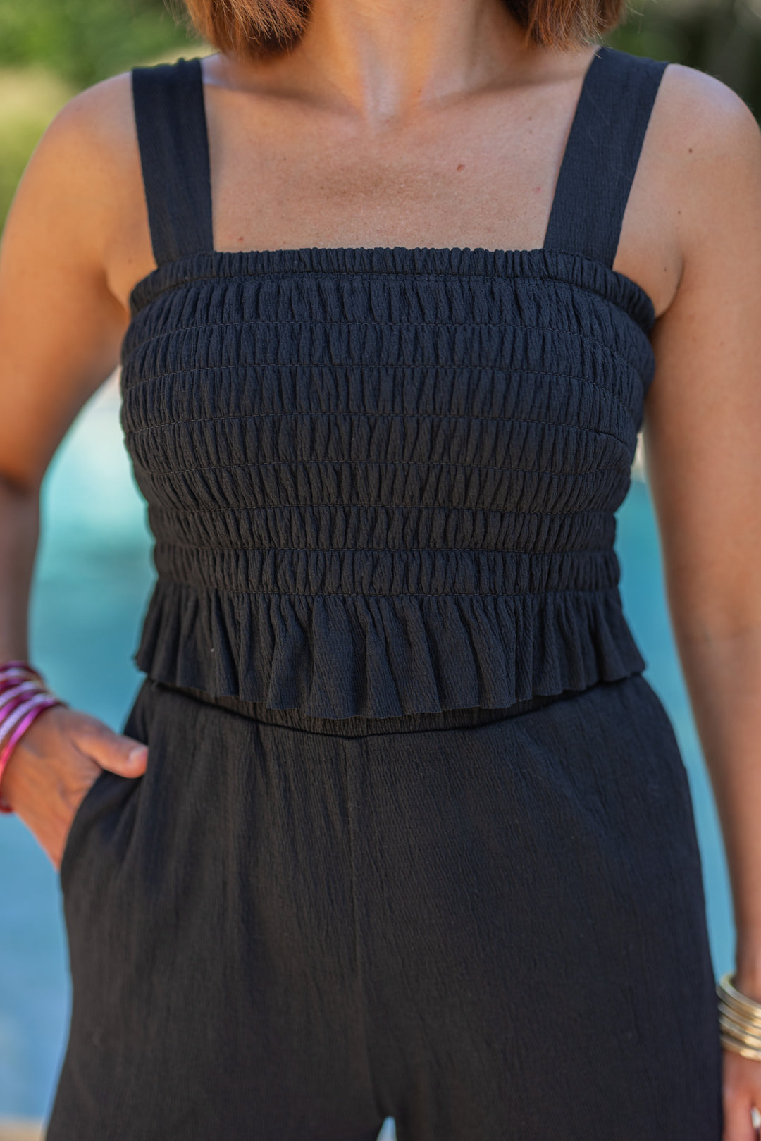 black linen crinkle fabric pants set