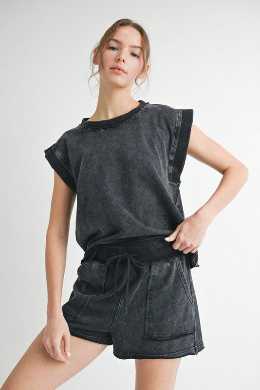 black matching shorts set loungewear