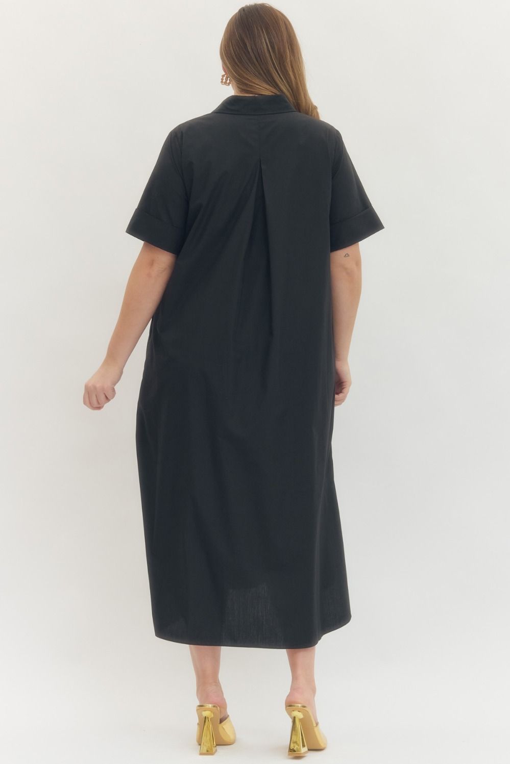 Entro plus size black midi dress with gold decorative snap bodice, collar and pleated detail in back