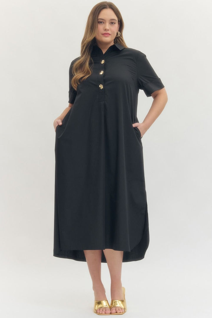 Entro black midi dress with gold decorative snap bodice and collar in plus size