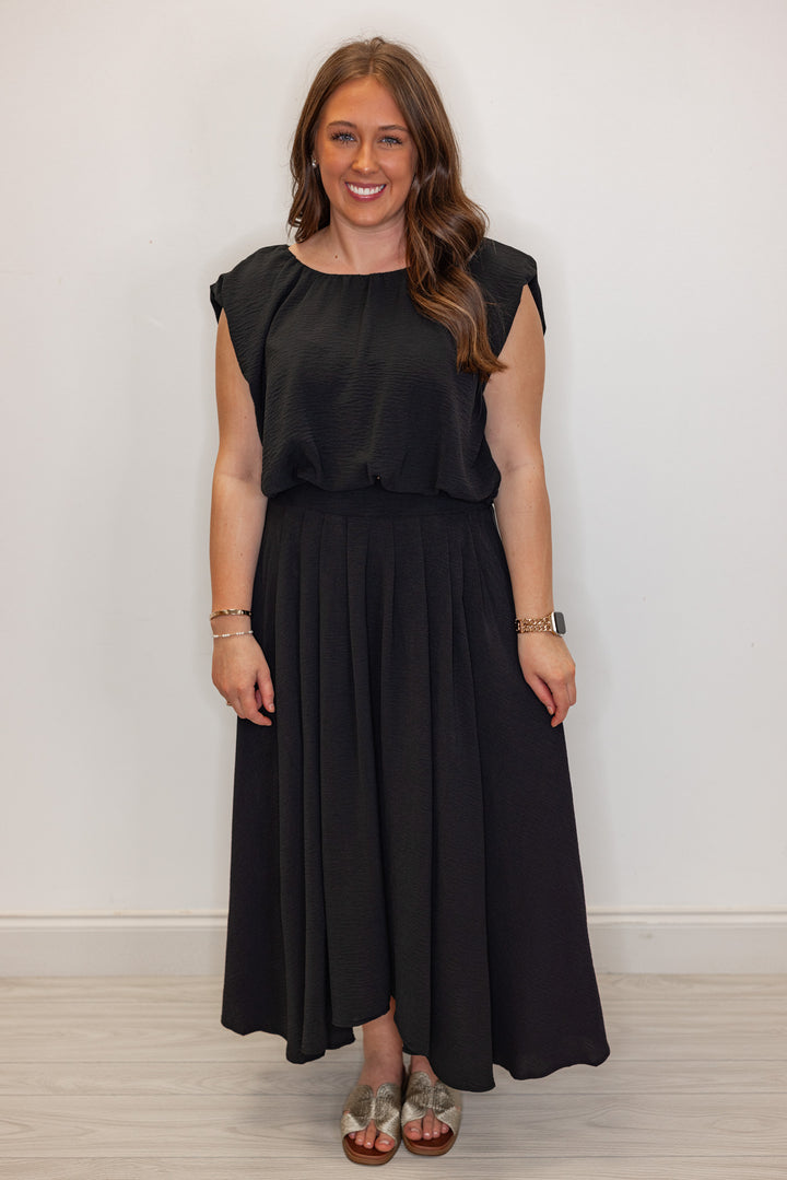 dressy black elastic waist midi skirt