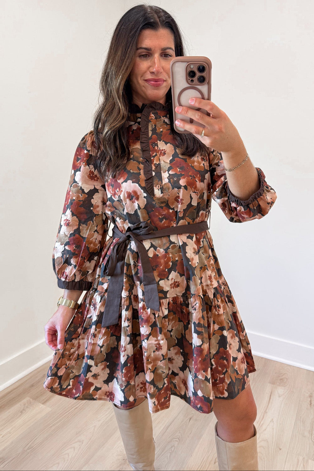 black and multicolored floral print with brown trim belted waist button front bodice short dress