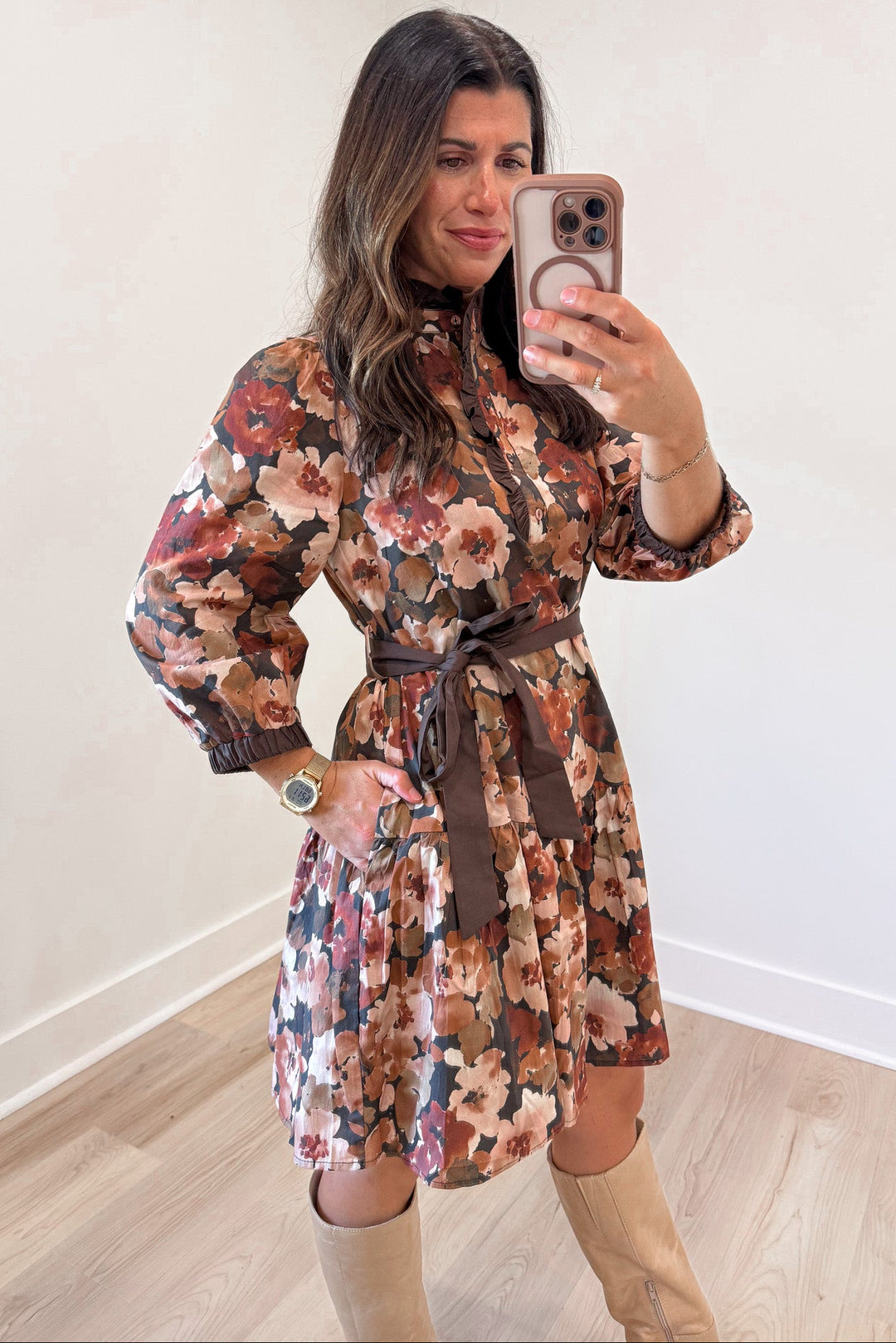 black and multicolored floral print with brown trim belted waist short dress with side pockets