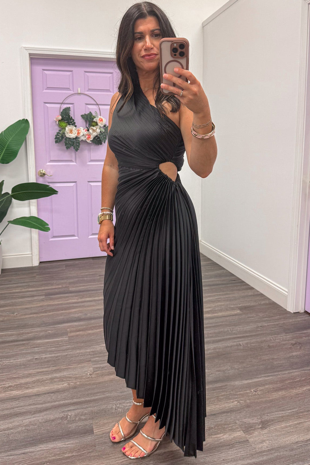 solid black pleated one shoulder asymmetrical hem satin maxi dress with side keyhole cut-out