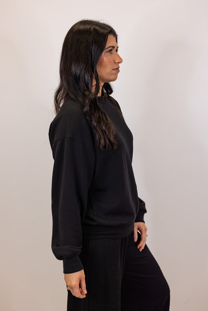 black scuba knit crew neck pullover