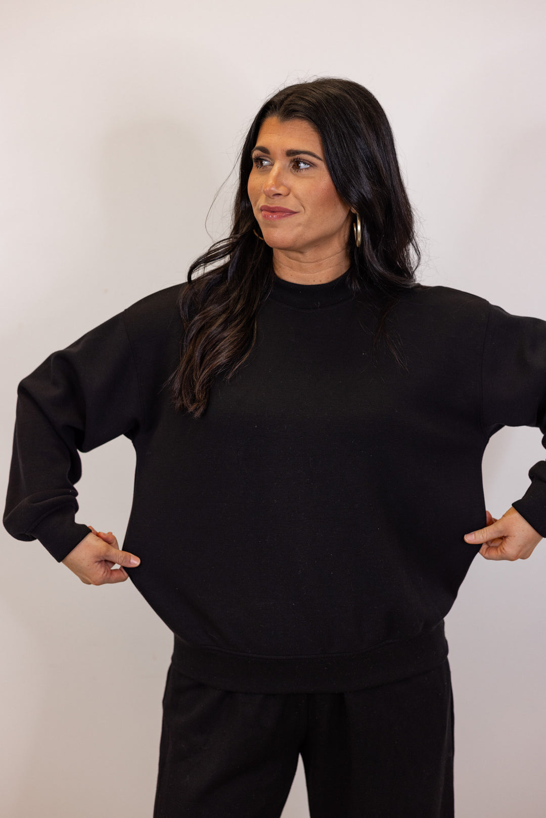 black scuba knit crew neck pullover