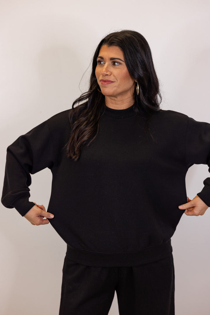 black scuba knit crew neck pullover