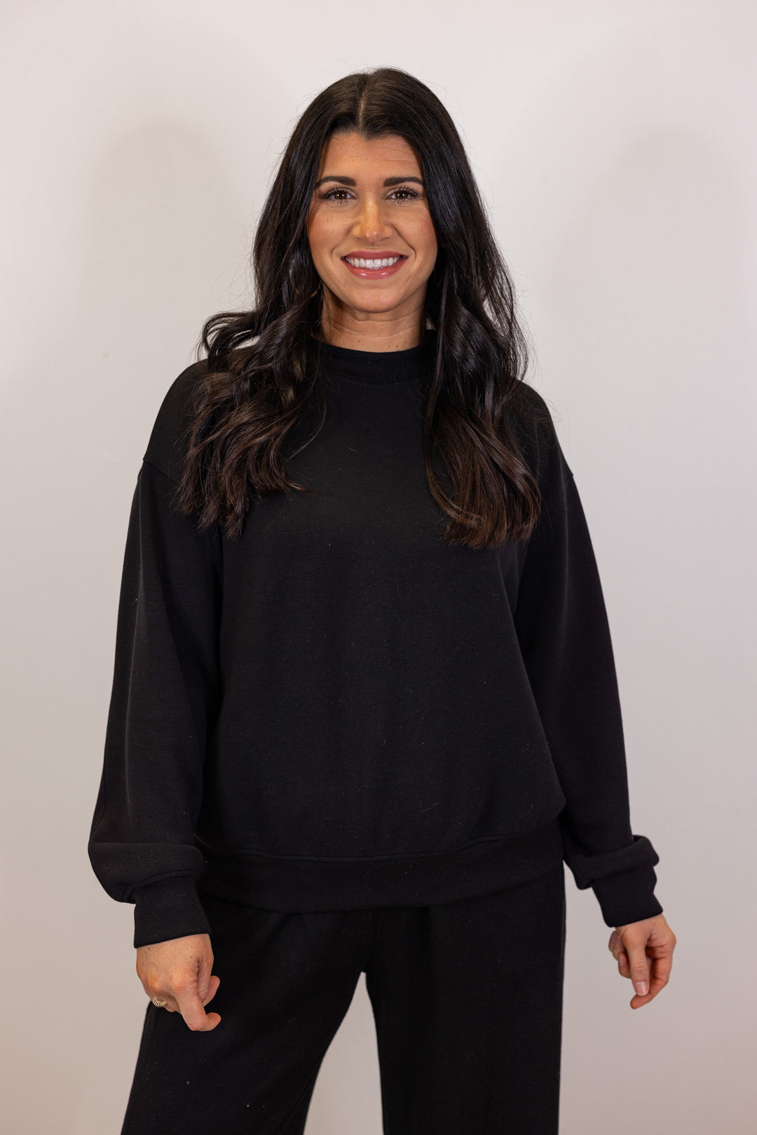 black scuba knit crew neck pullover