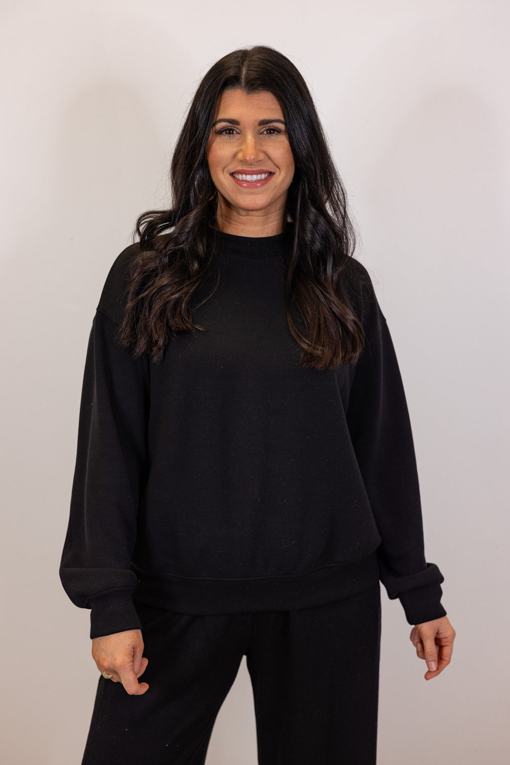 black scuba knit crew neck pullover