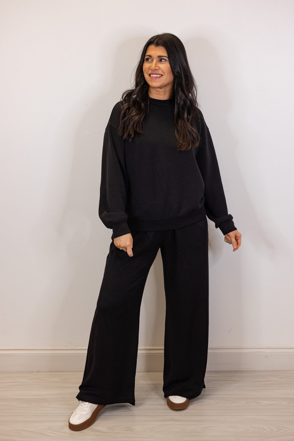 black scuba knit crew neck pullover