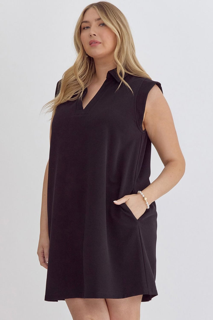 Entro Plus Black sleeveless textured tunic dress with collar