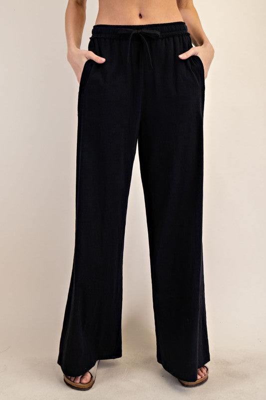 Women's black cotton slub knit wide leg pants by Rae Mode