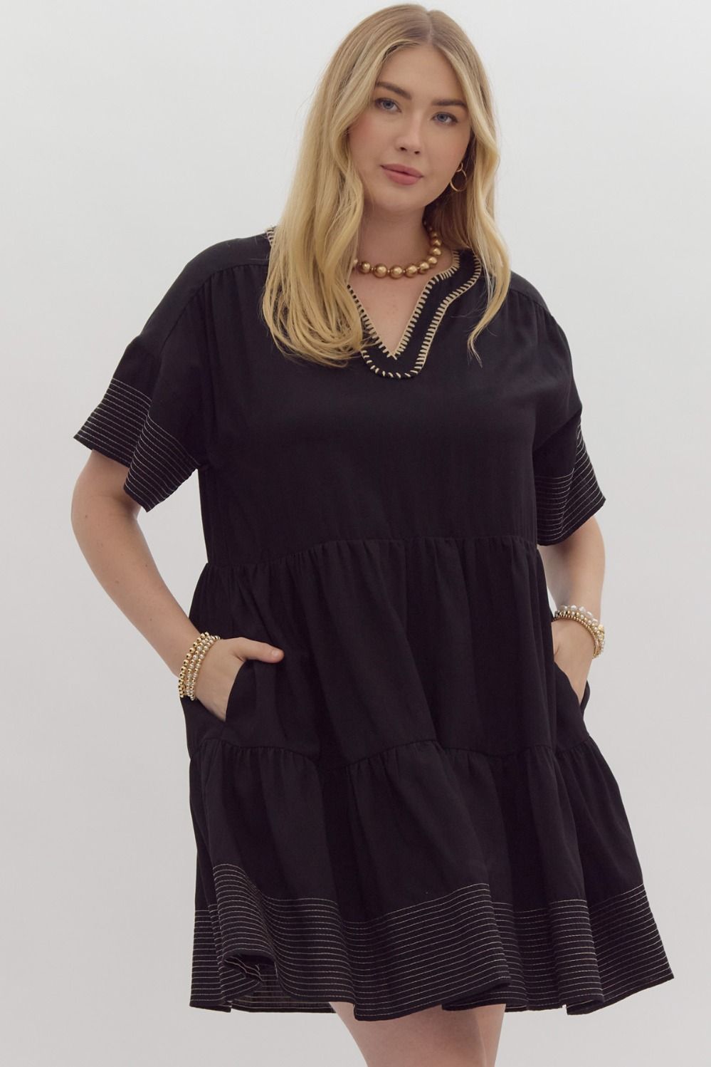 Entro Black tiered dress with cream scalloped embroidery trim