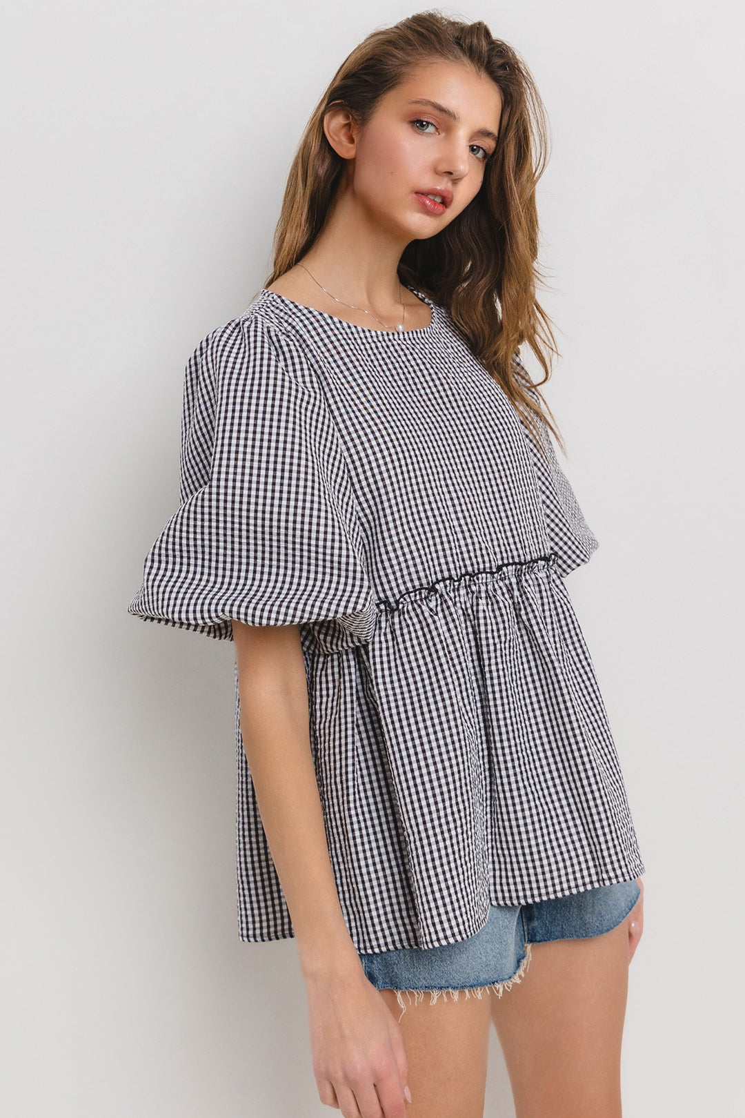 Ces Femme & Time After Time Black and white gingham print puff sleeve ruffle tiered top