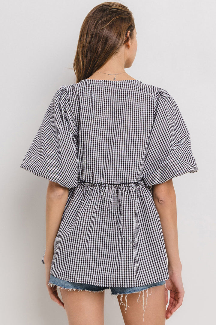 Ces Femme & Time After Time Black and white gingham print puff sleeve ruffle tiered top