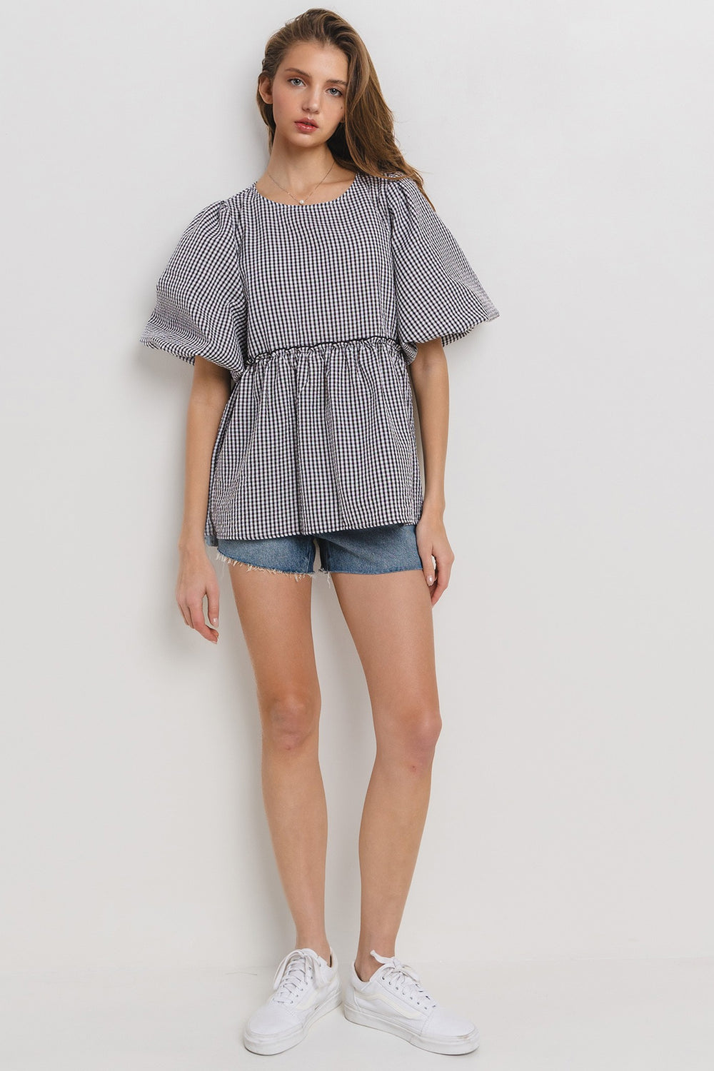 Ces Femme & Time After Time Black and white gingham print puff sleeve ruffle tiered top