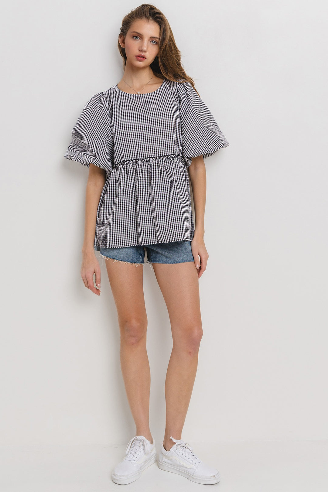 Ces Femme & Time After Time Black and white gingham print puff sleeve ruffle tiered top