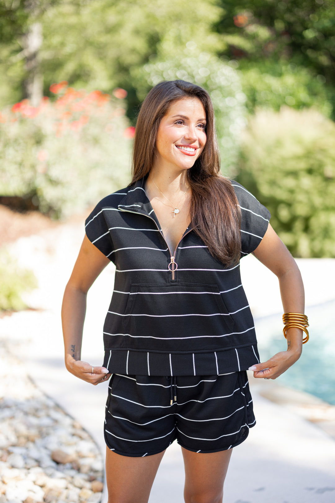 black white striped comfy cute shorts set