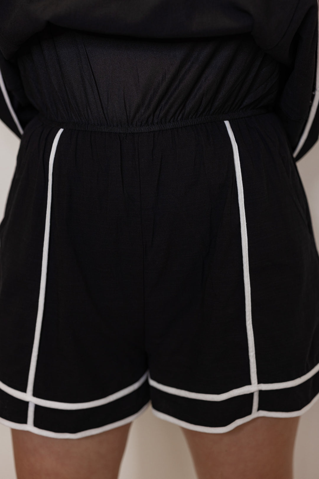 black cotton linen blend contrast romper