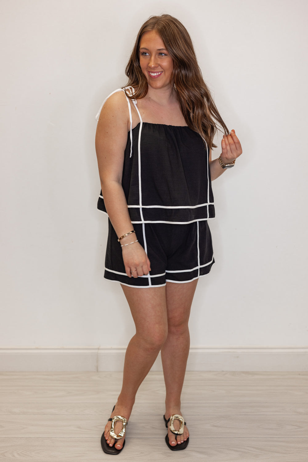 black cotton linen blend contrast romper