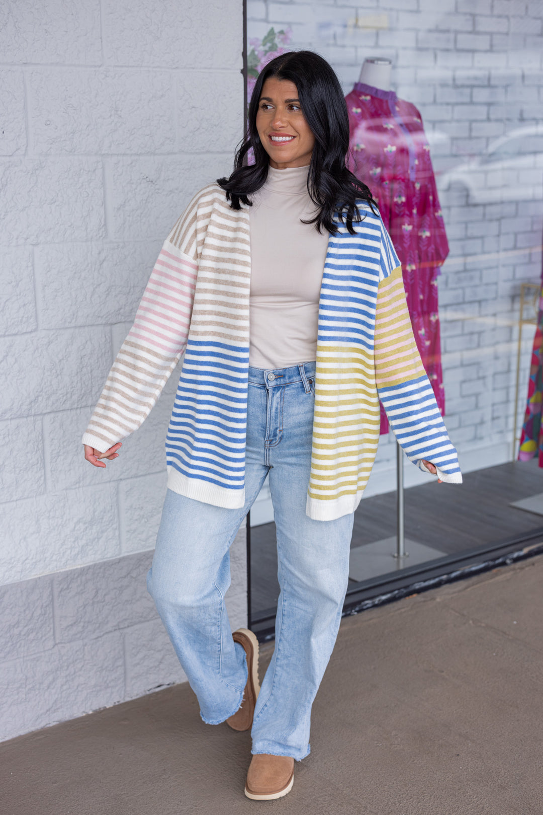 Women's blue, taupe, pink, olive and cream striped colorblock open front knit cardigan by Hyfve showing full front view