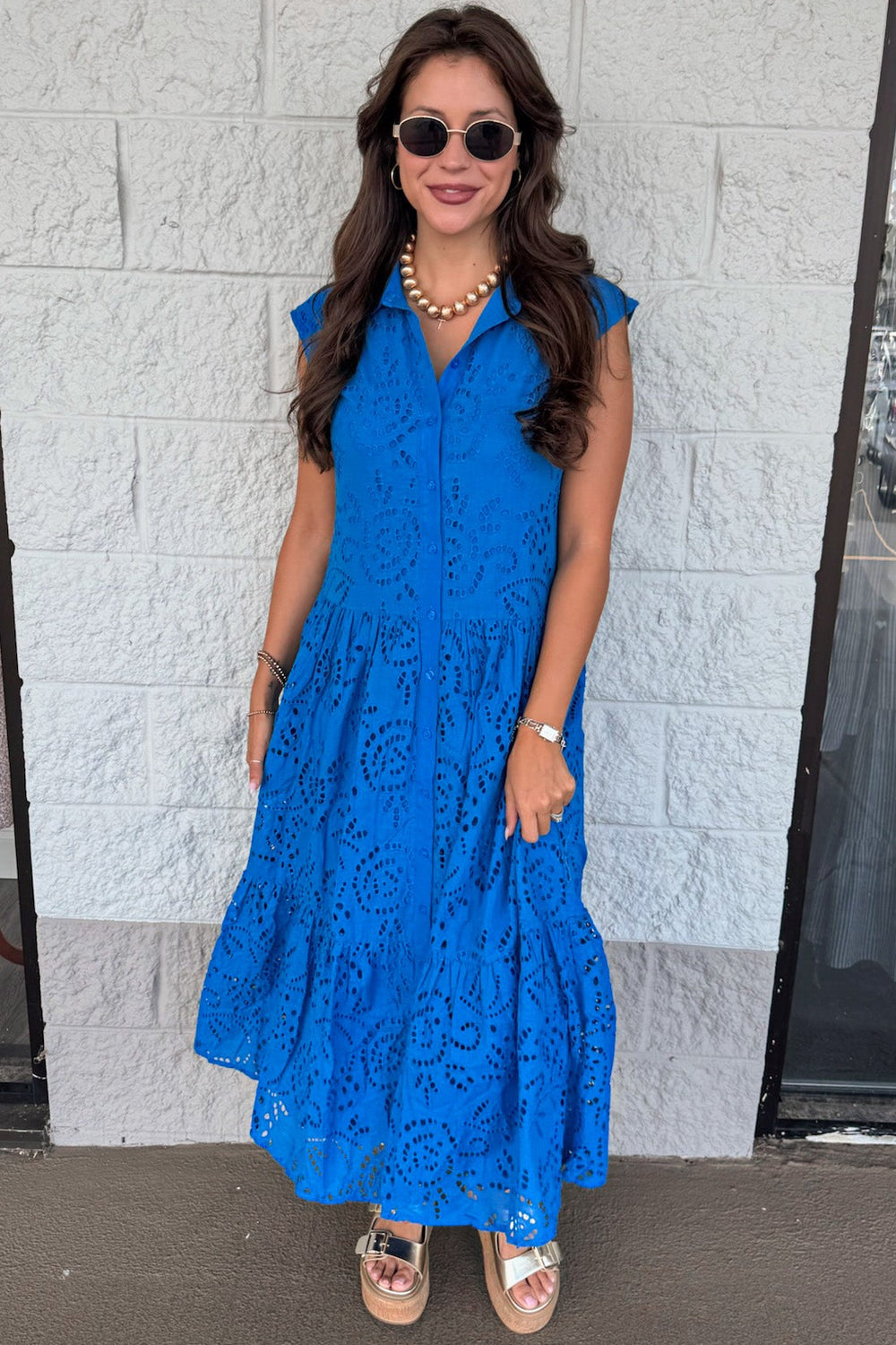 solid royal blue eyelet embroidered button front tiered midi dress