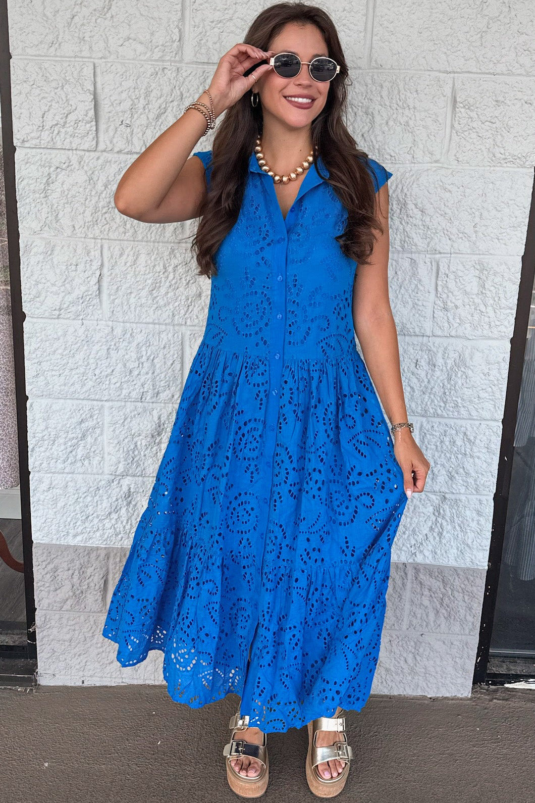 solid royal blue eyelet embroidered button front cap sleeve midi dress